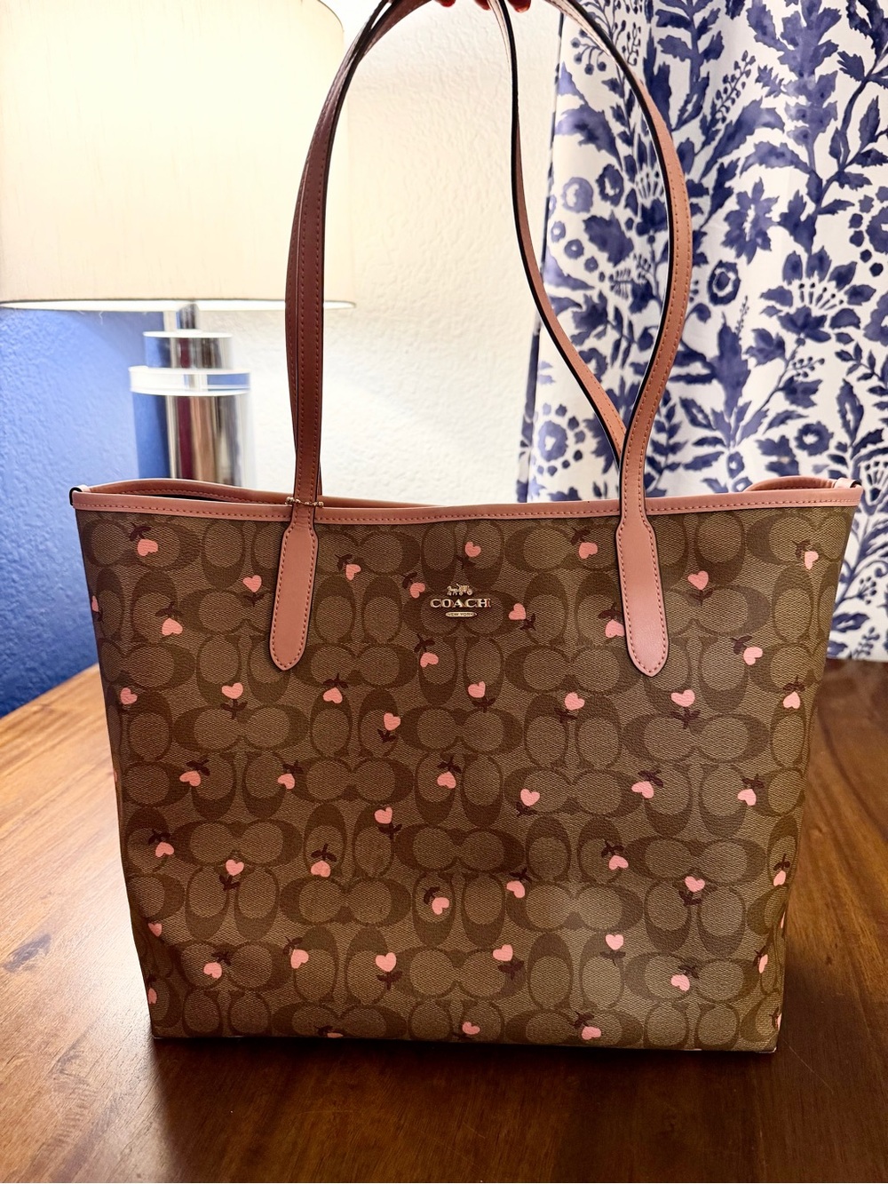 Coach Brown Signature Tote with Pink Heart Details